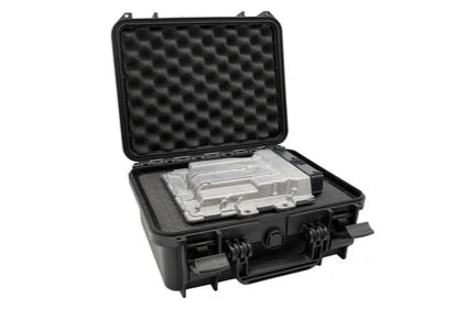 Black hard-shell protective case with foam interior on a white background