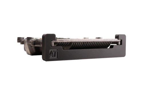 Black electronic component with a brand logo on a white background