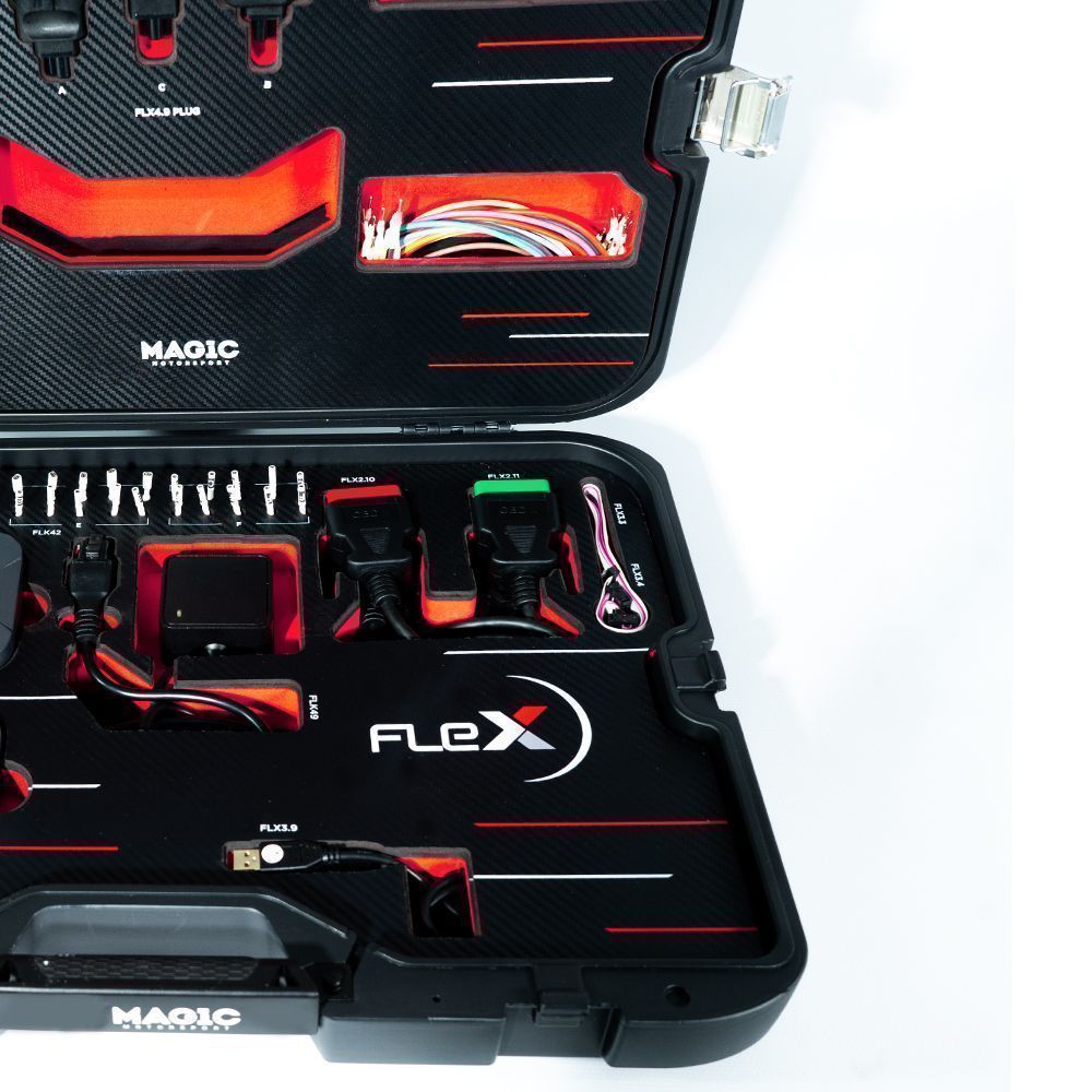 Open tool case labeled 'Flex' with various tools inside on a white background