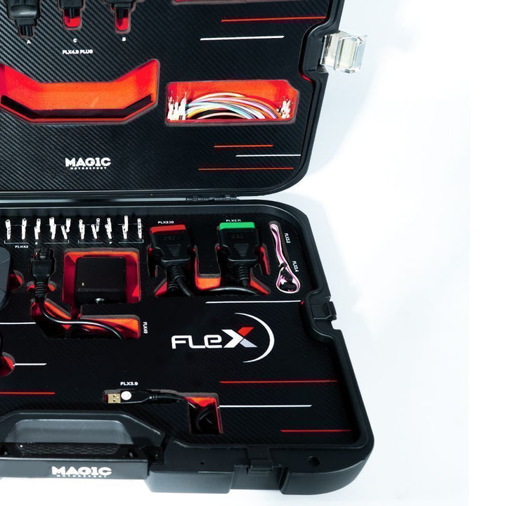 Open tool case labeled 'Flex' with various tools inside on a white background