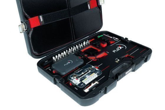 Front view of closed case with handle and rugged exterior