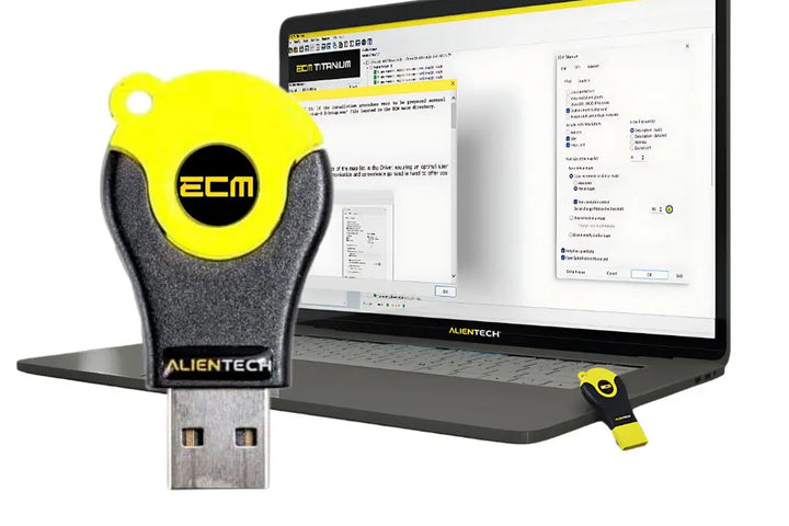 USB device with yellow ECM logo in front of a laptop displaying software interface.