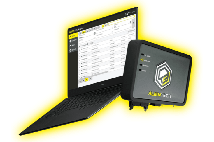 Alientech KESS3 ECU tuning tool and laptop with open tuning software — transparent background for ZenTune Australia