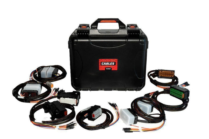 Set of cables with a black carrying case on a white background