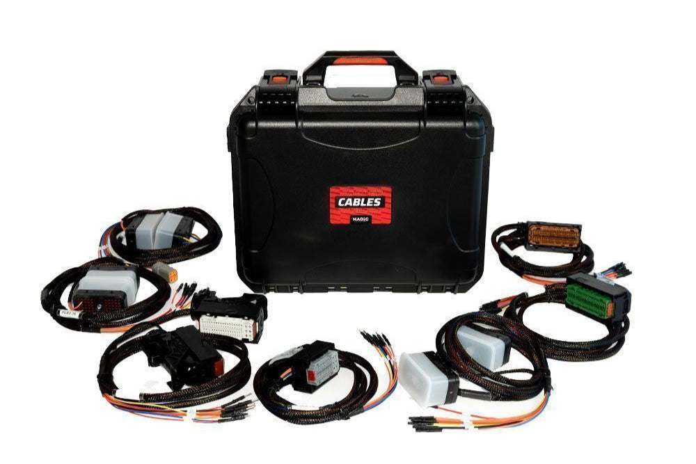 Set of cables with a black carrying case on a white background