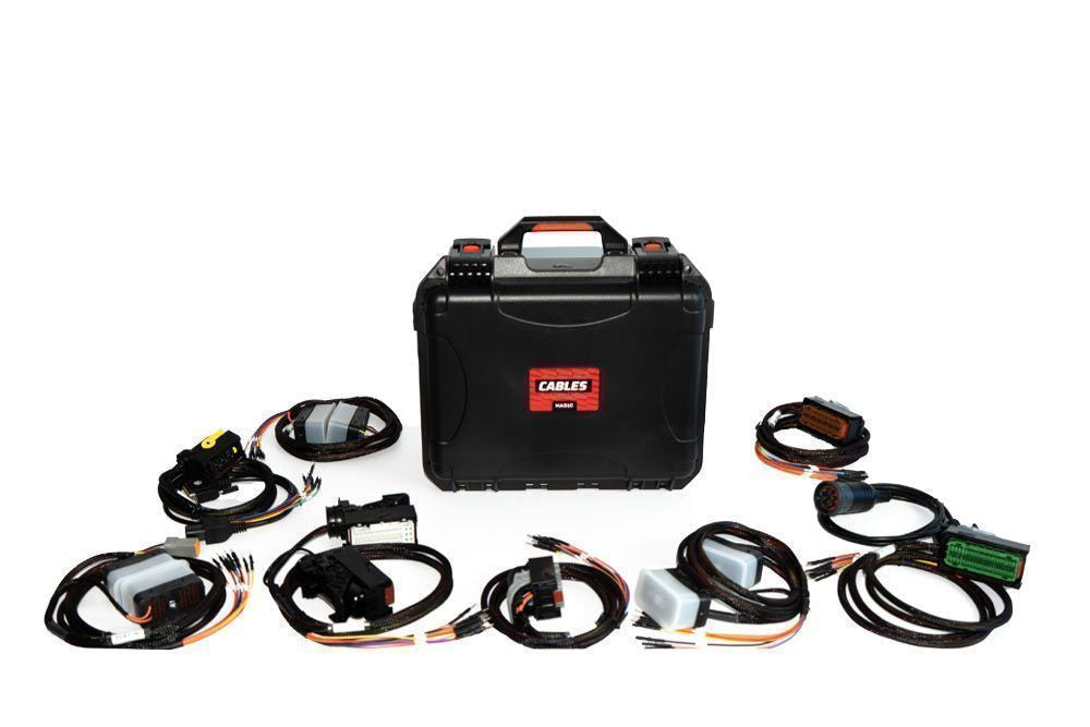 Set of automotive wiring harnesses with a carrying case on a white background