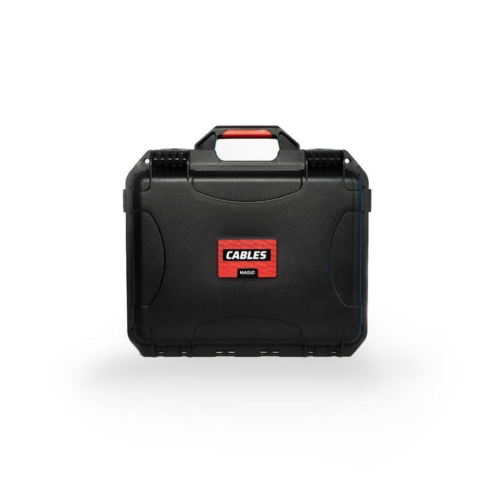 Black hard-shell case with 'Cables' label on a white background