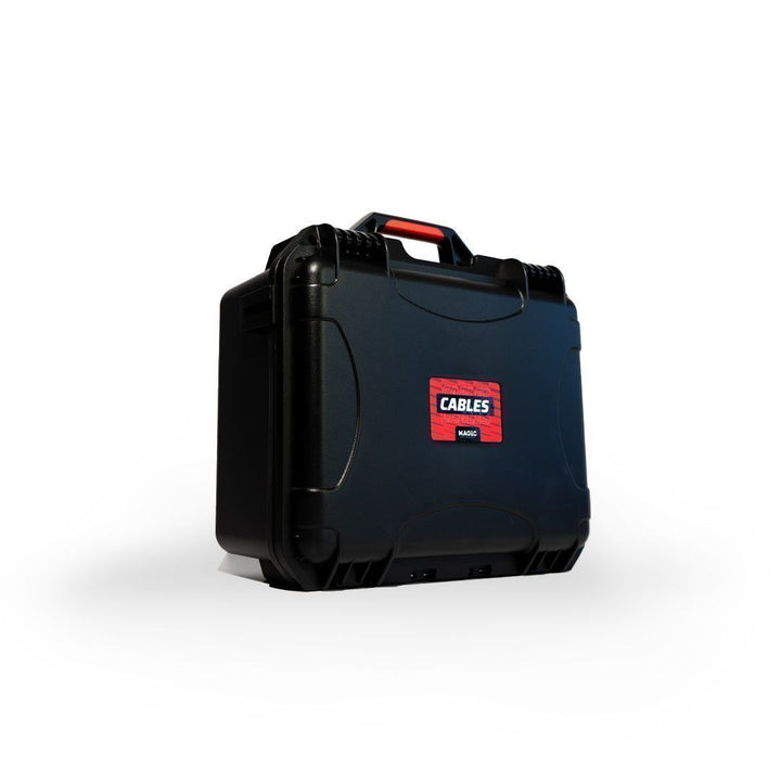 Black hard-shell case with a red and white logo on a white background