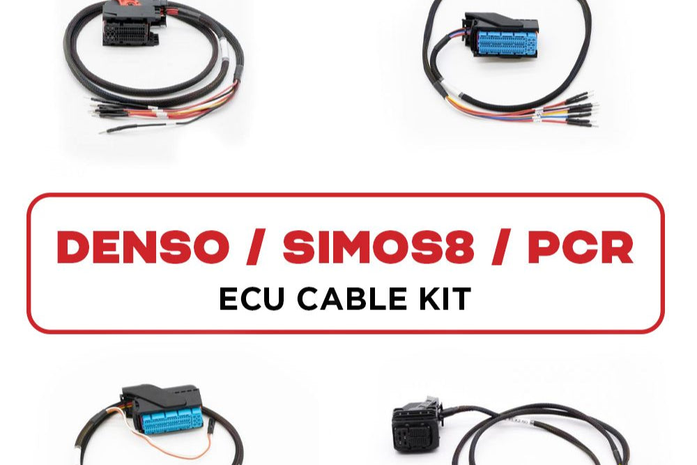 A set of four different colored cables, presumably for connecting electronic control units, with a label that reads 'Denso / Simos8 / PCR ECU Cable Kit'.