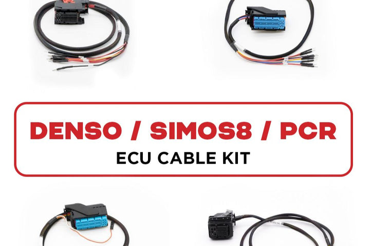 A set of four different colored cables, presumably for connecting electronic control units, with a label that reads 'Denso / Simos8 / PCR ECU Cable Kit'.