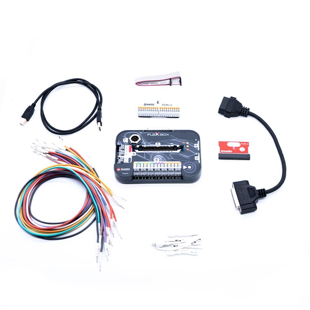 All components of the FlexBox Kit including wiring and OBD connectors
