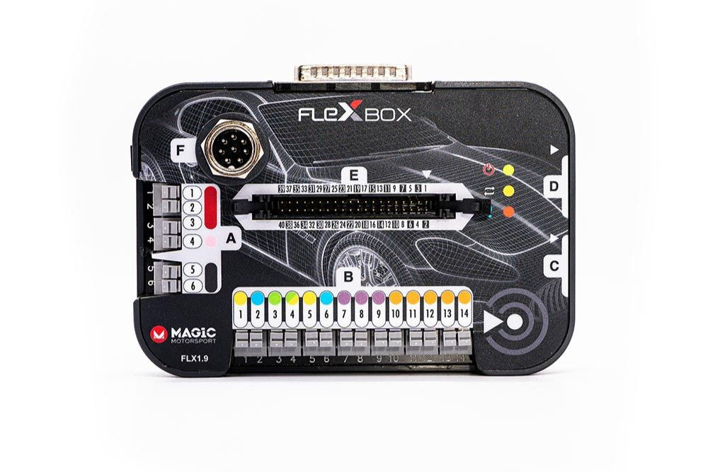 Main image showing Magicmotorsport FlexBox with labeled connection ports and buttons