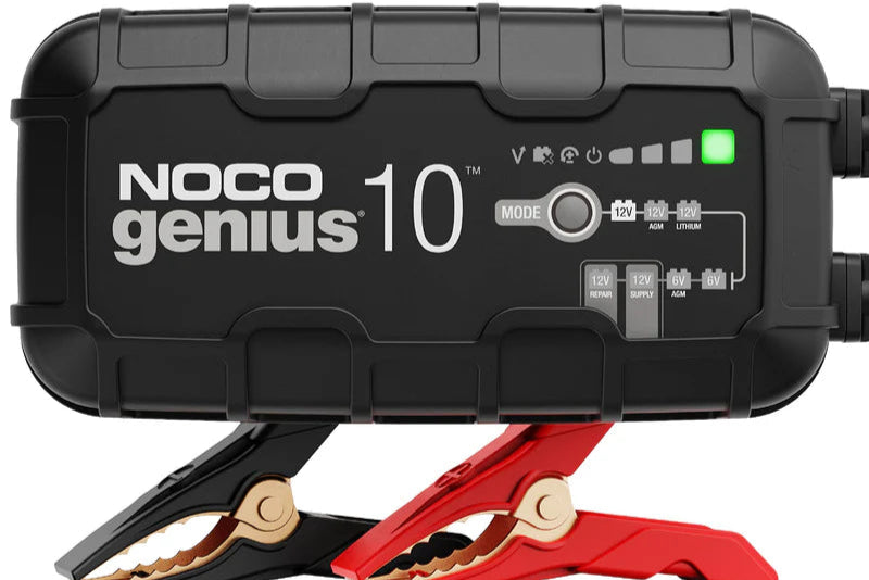 Front view of Genius 10 Amp Smart Battery Charger for automotive and marine batteries