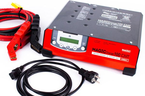 Front view of Magic Charger 100 with display and branding