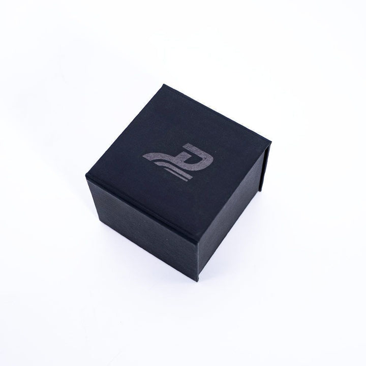 Black box with a logo on a white background