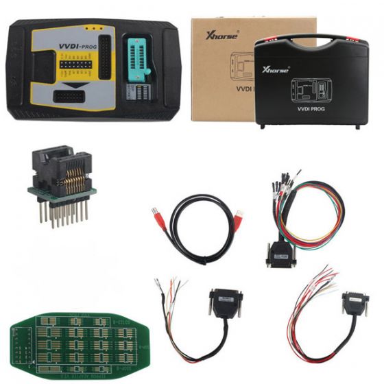 VVDI PROG programming tool with cables, adapters, and CD