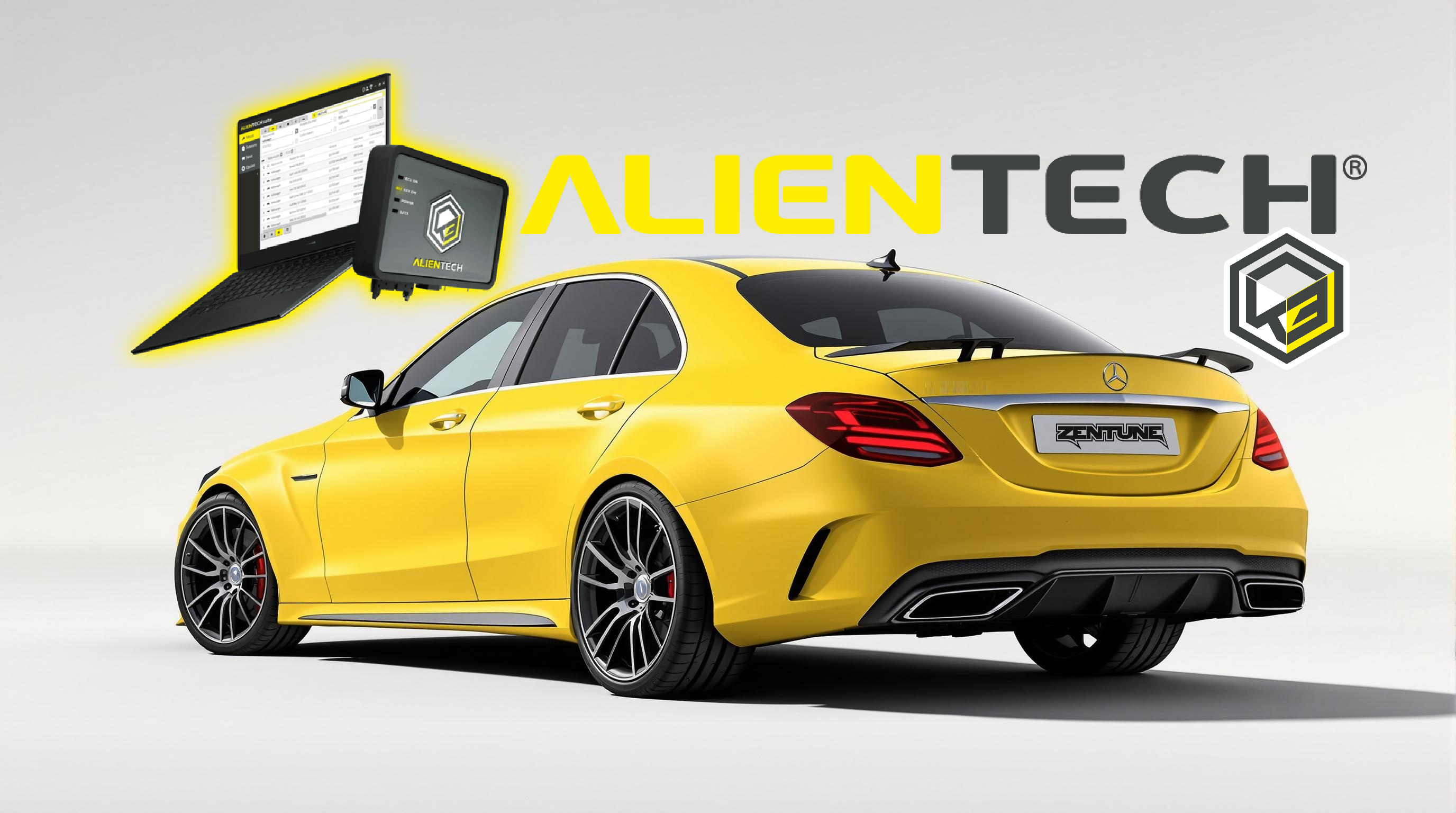 Rear of yellow Mercedes W205 with Alientech tuning tool and laptop – ZenTune ECU specialists