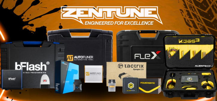 ZenTune tool lineup with AutoTuner bFlash KESS3 Flex Tactrix and Magic Motorsport ECU tuning kits on orange background
