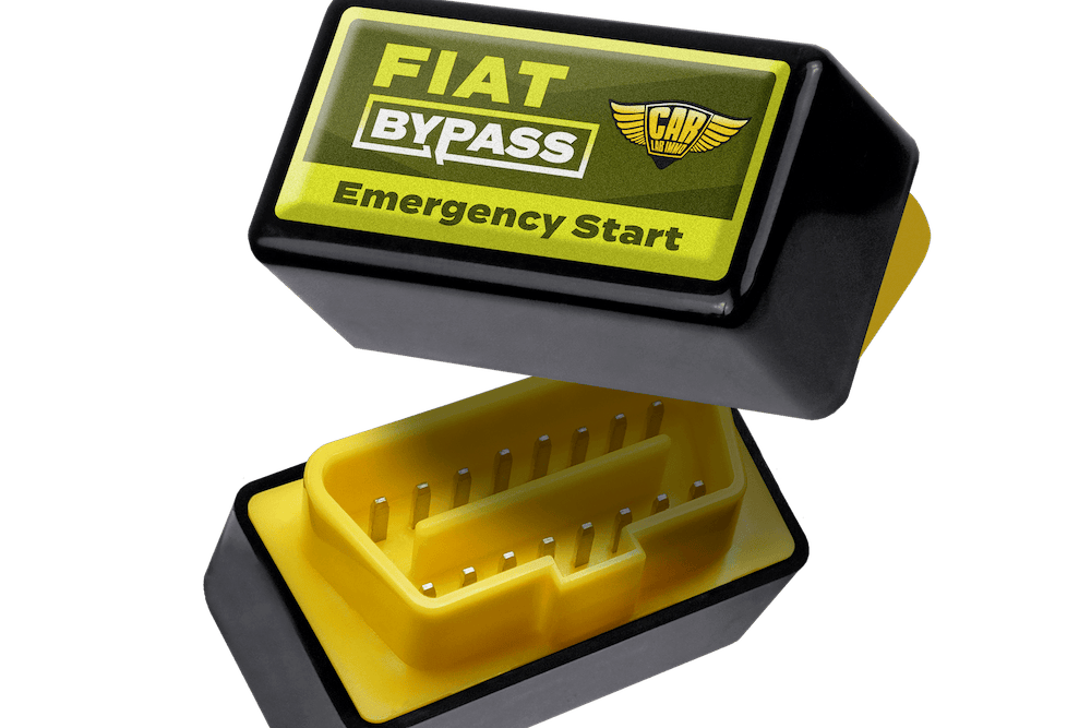 Car key fob with 'FIAT Bypass Emergency Start' label on a transparent background