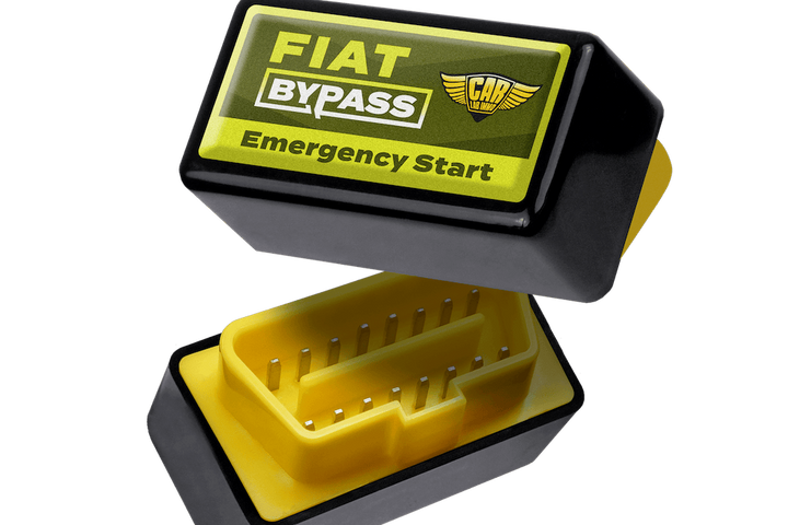 Car key fob with 'FIAT Bypass Emergency Start' label on a transparent background