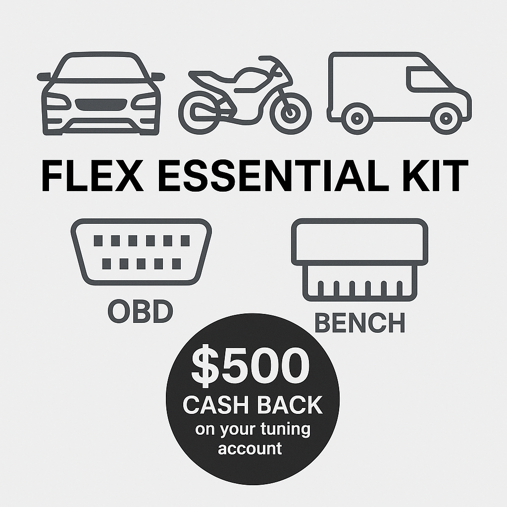 Flex Essential Kit graphic showing supported vehicle types (car, bike, van), OBD and bench protocol icons, and a $500 cashback badge for the ZenTune edition.