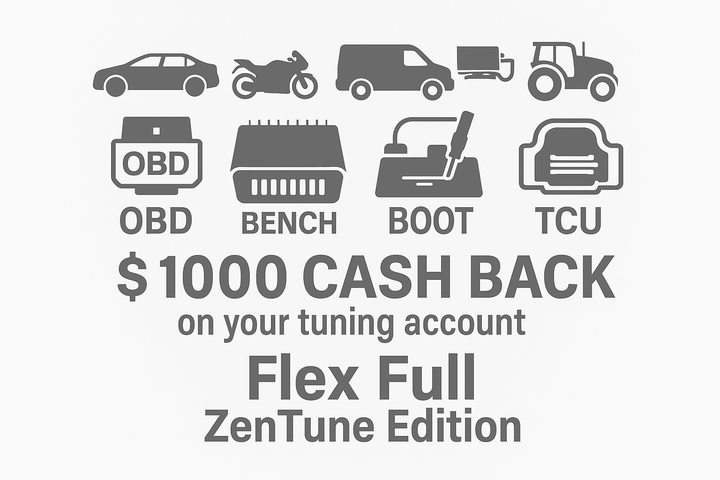 Flex Full ZenTune Edition graphic displaying car, bike, van, truck and agricultural icons, OBD, bench, boot and TCU protocol symbols, and a $1,000 cashback offer.