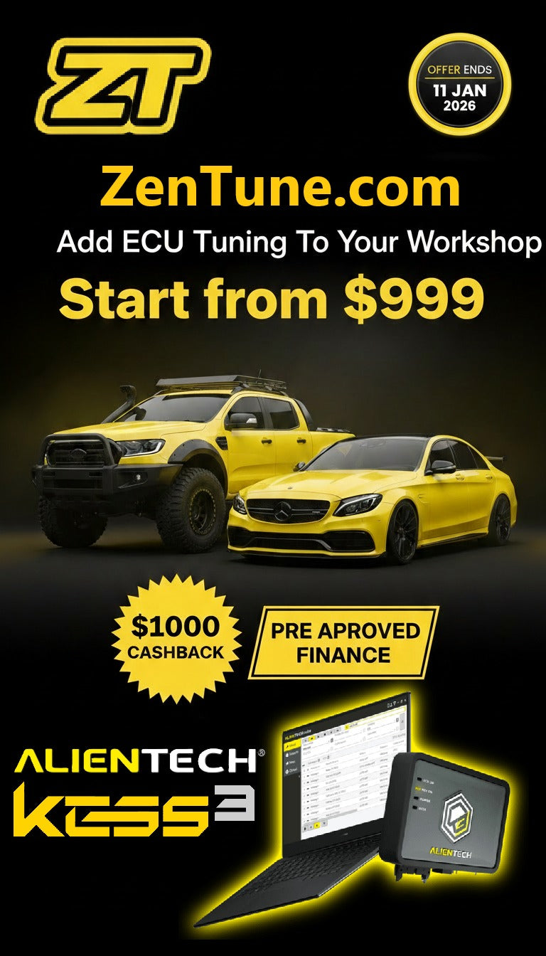 Advertisement for ZenTune.com offering ECU tuning services with a yellow truck and car on a dark background.