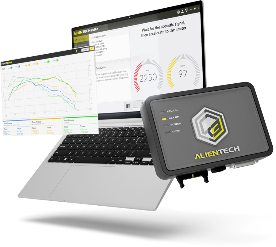 KESS3 ECU tuning tool during on-road dyno drive – live data logging and performance testing



