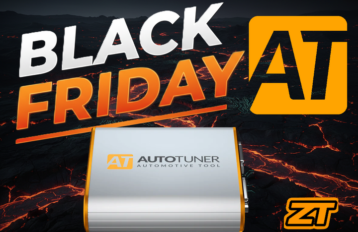 Black Friday promotional graphic featuring the Autotuner automotive tuning tool with AT and ZenTune logos over a dark lava-themed background.