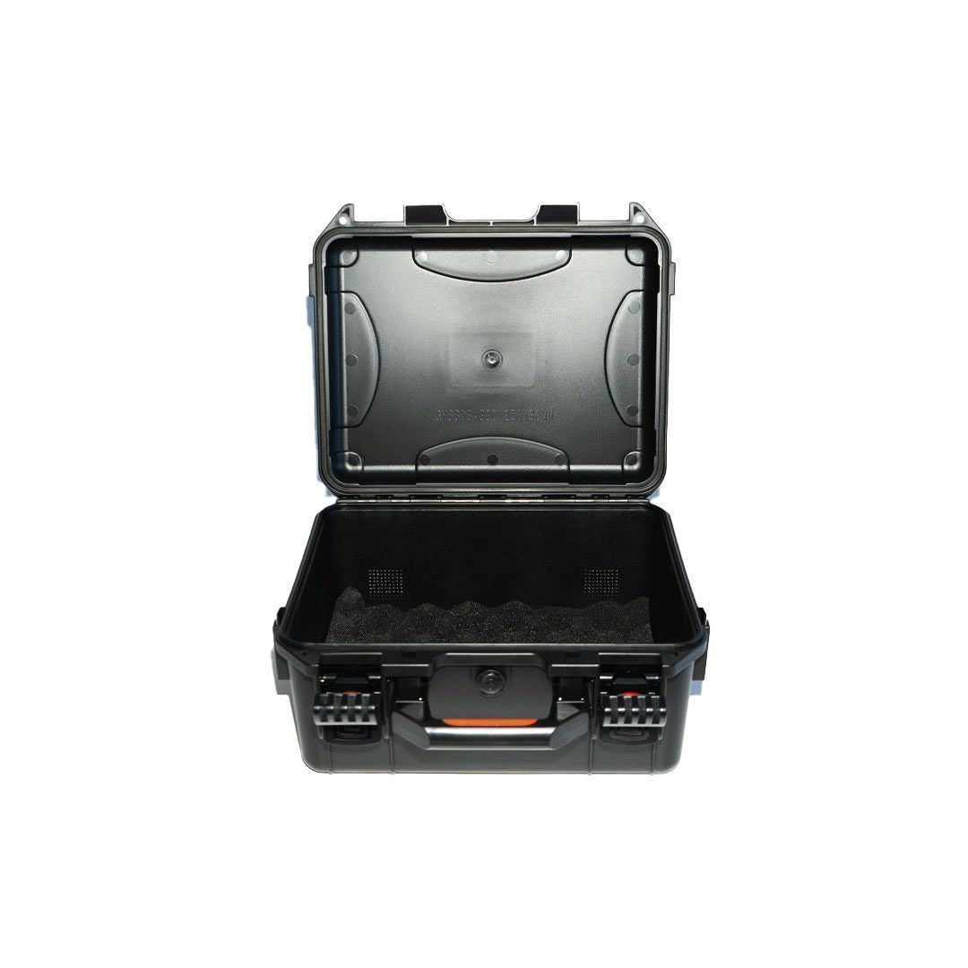 Black protective case with clear lid on a white background