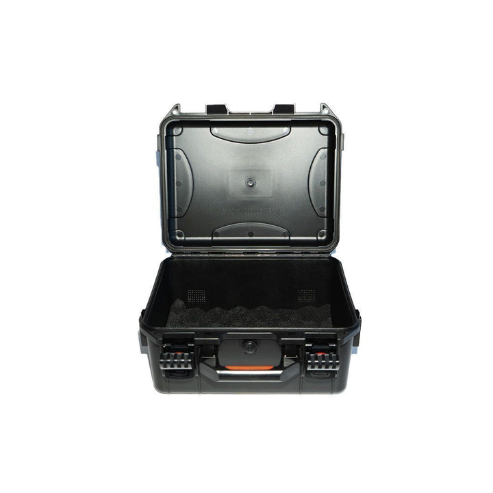 Black protective case with clear lid on a white background