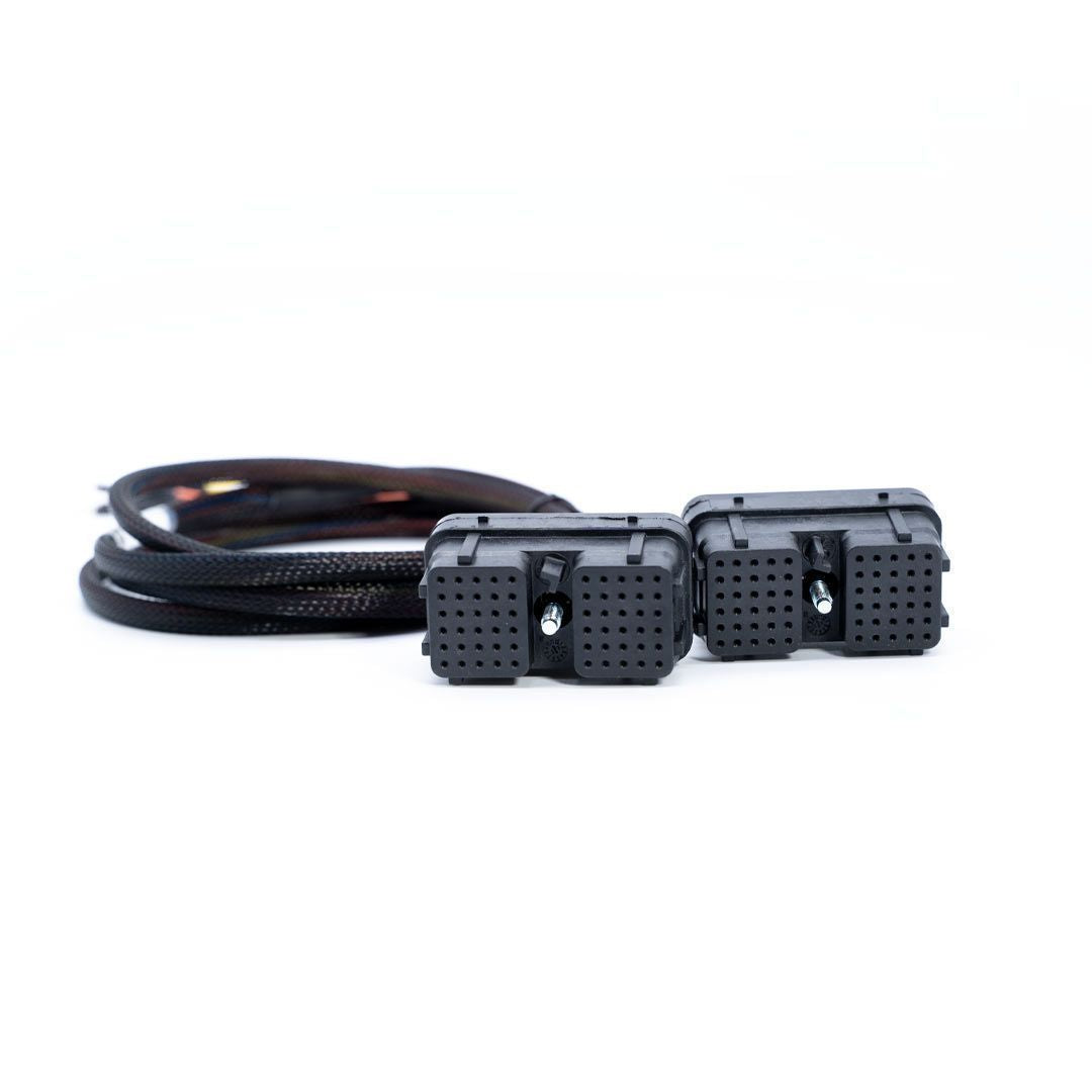 Black cable with two connectors on a white background