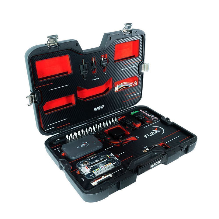 Open tool case with various tools and equipment on a white background