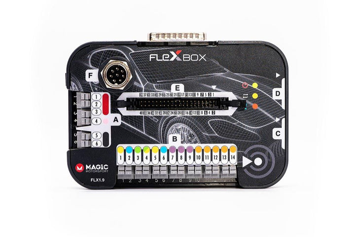 Main image showing Magicmotorsport FlexBox with labeled connection ports and buttons

