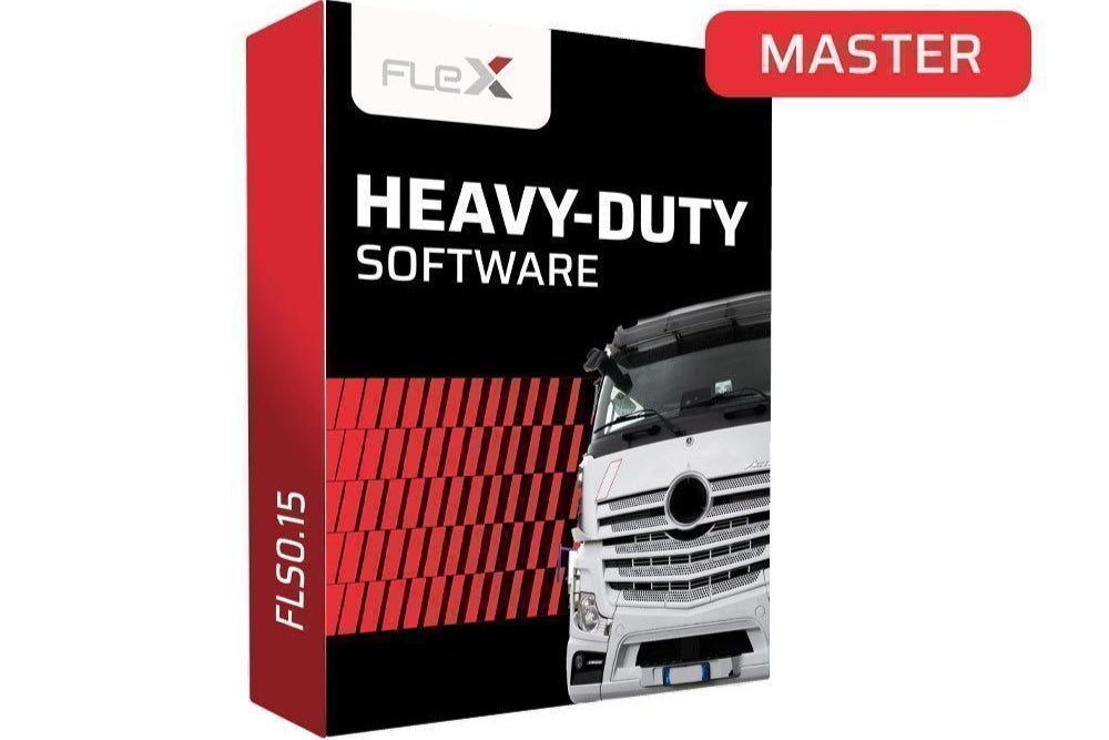 Box of Flex Heavy-Duty Software with a truck on a white background