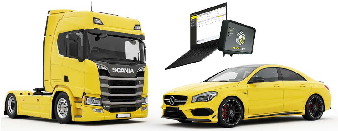 Yellow Scania truck and Mercedes-Benz car with Alientech KESS3 tuning tool – ZenTune car and truck protocol bundle on white background

