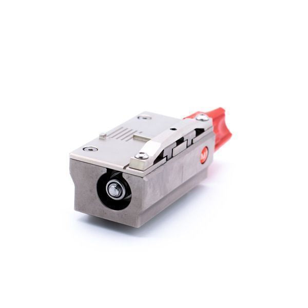 M1 red anodized ECU tuning clamp with bench vice for secure BDM work and stable PCB positioning

