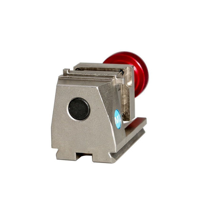 M2 red anodized BDM bench clamp with PCB hold-down vice for precision ECU tuning work

