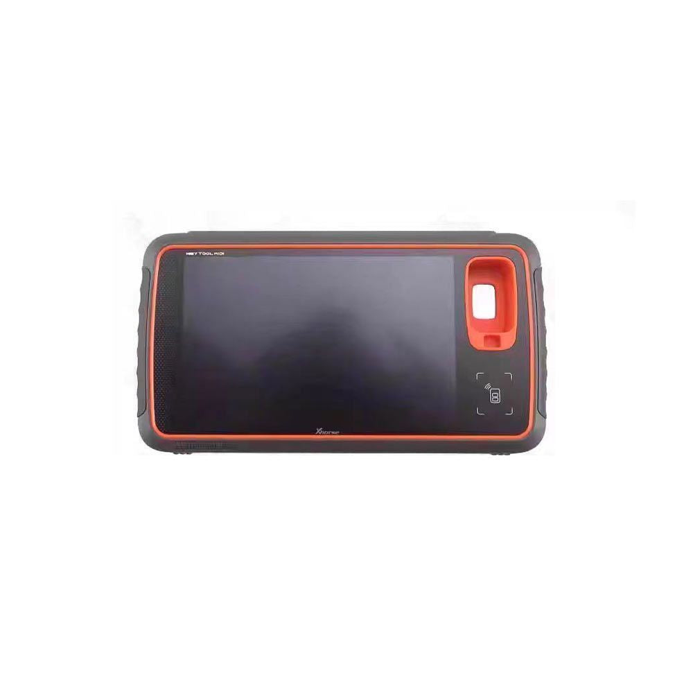 Rugged tablet with black screen and orange border on a white background