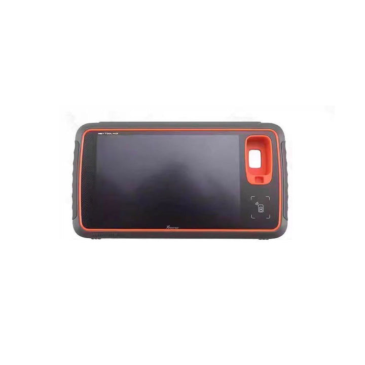 Rugged tablet with black screen and orange border on a white background