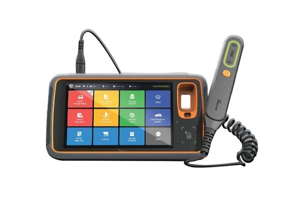 Car diagnostic scanner with colorful display on a white background