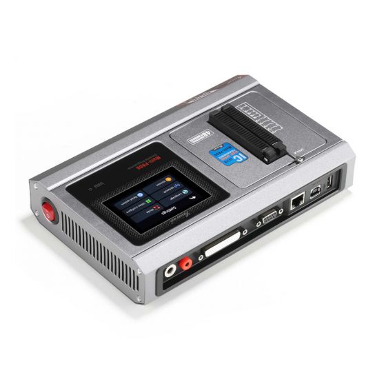 Angled view of Xhorse Multi-Prog with USB and OBD cable ports

