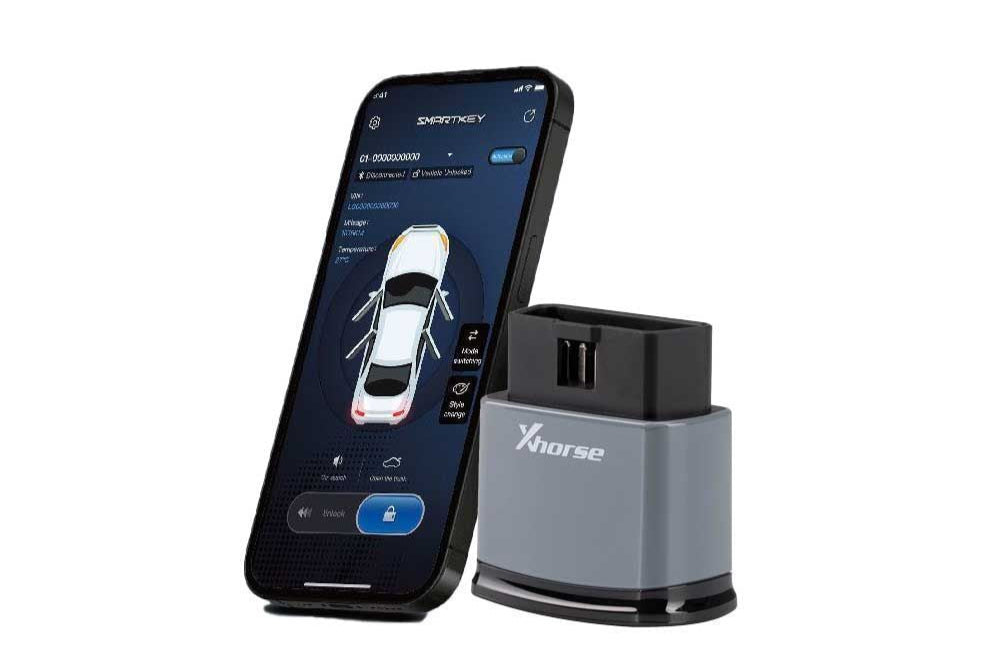 Smartphone displaying a car app with a small device labeled 'Xhorse' on a white background