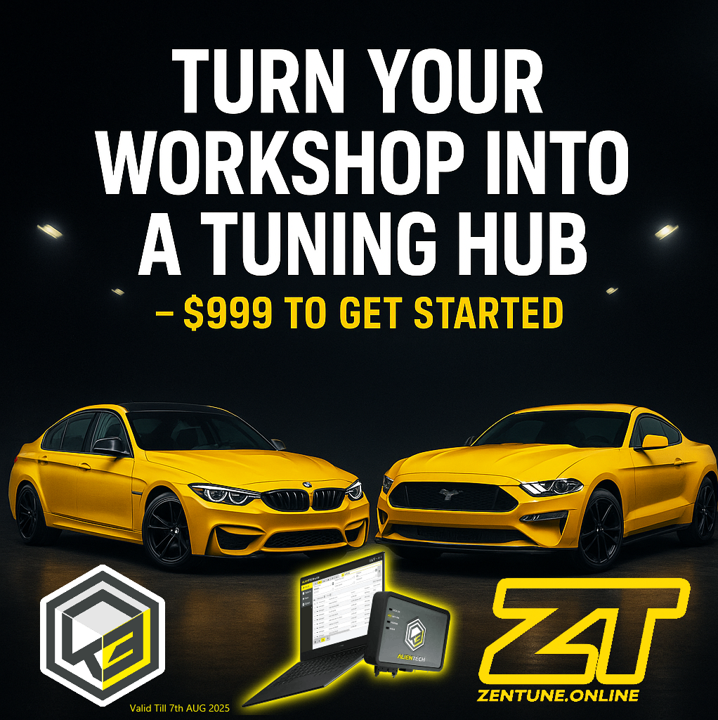 Promotional image for ZenTune’s KESS3 tuning tool featuring two yellow performance cars, $999 offer, and "Turn your workshop into a tuning hub" on a dark background.